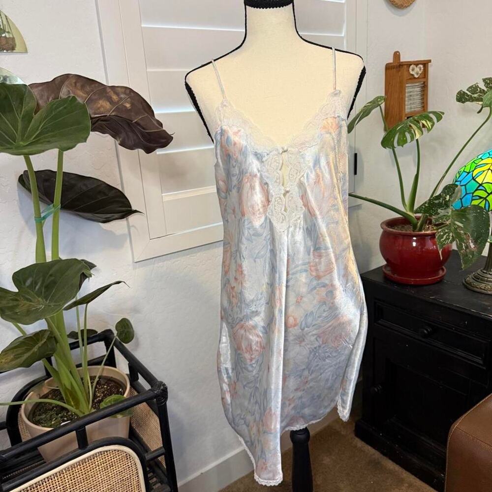 Vintage 90s Barbizon Floral Satin Lace Chemise Nightgown Coquette Slip Dress